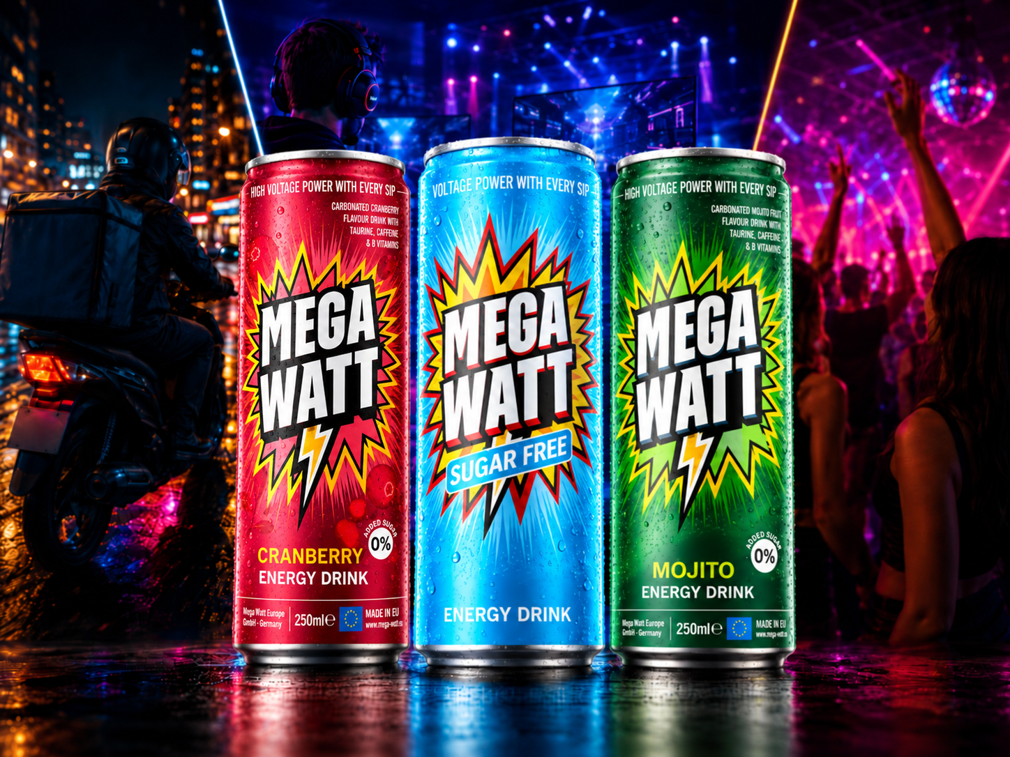 Mega Watt cans surrounded by city nightlife, gaming, and club scenes